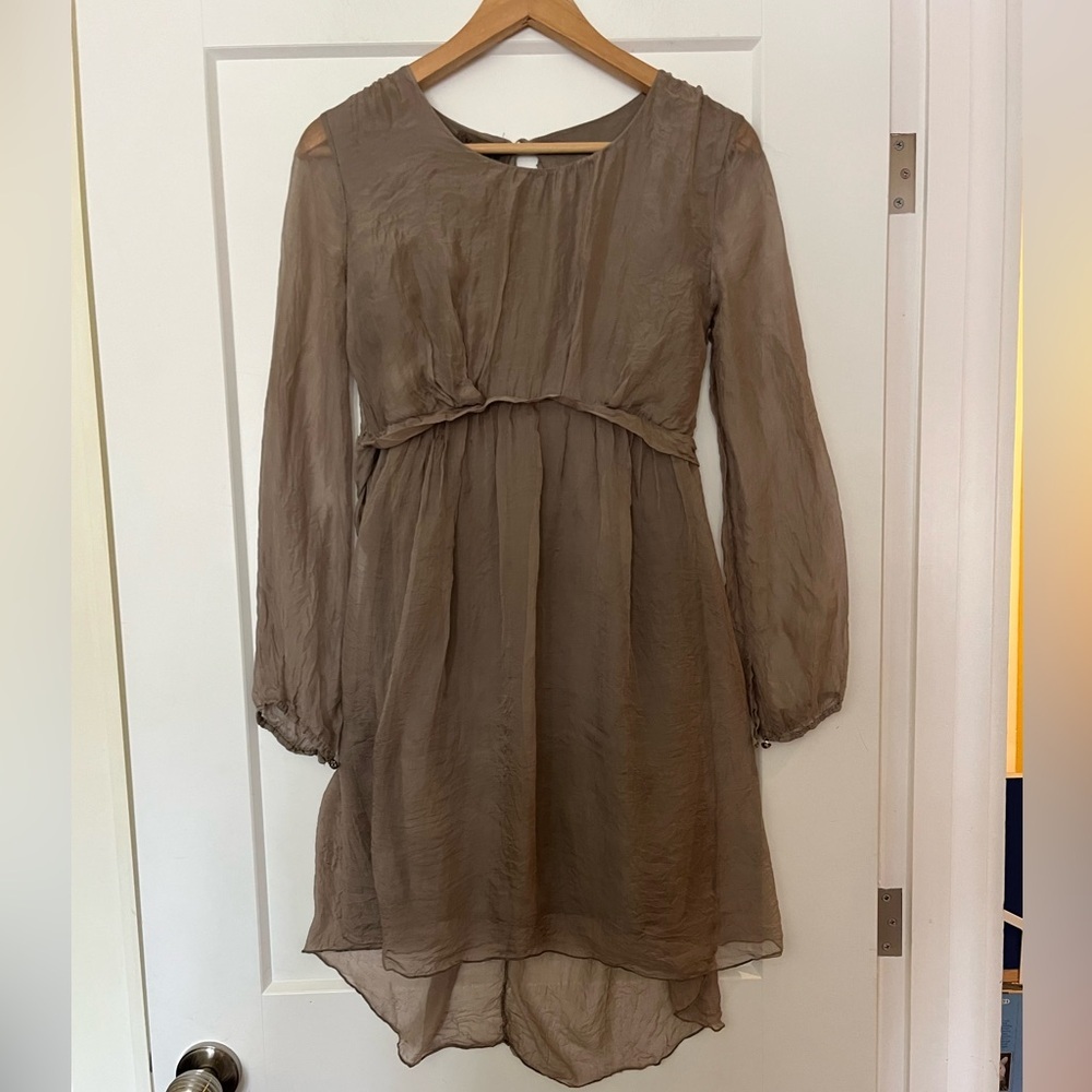Kosmika 100% Silk Italy Made Taupe Romantic Floaty Sheer Semi-Lined Dress S